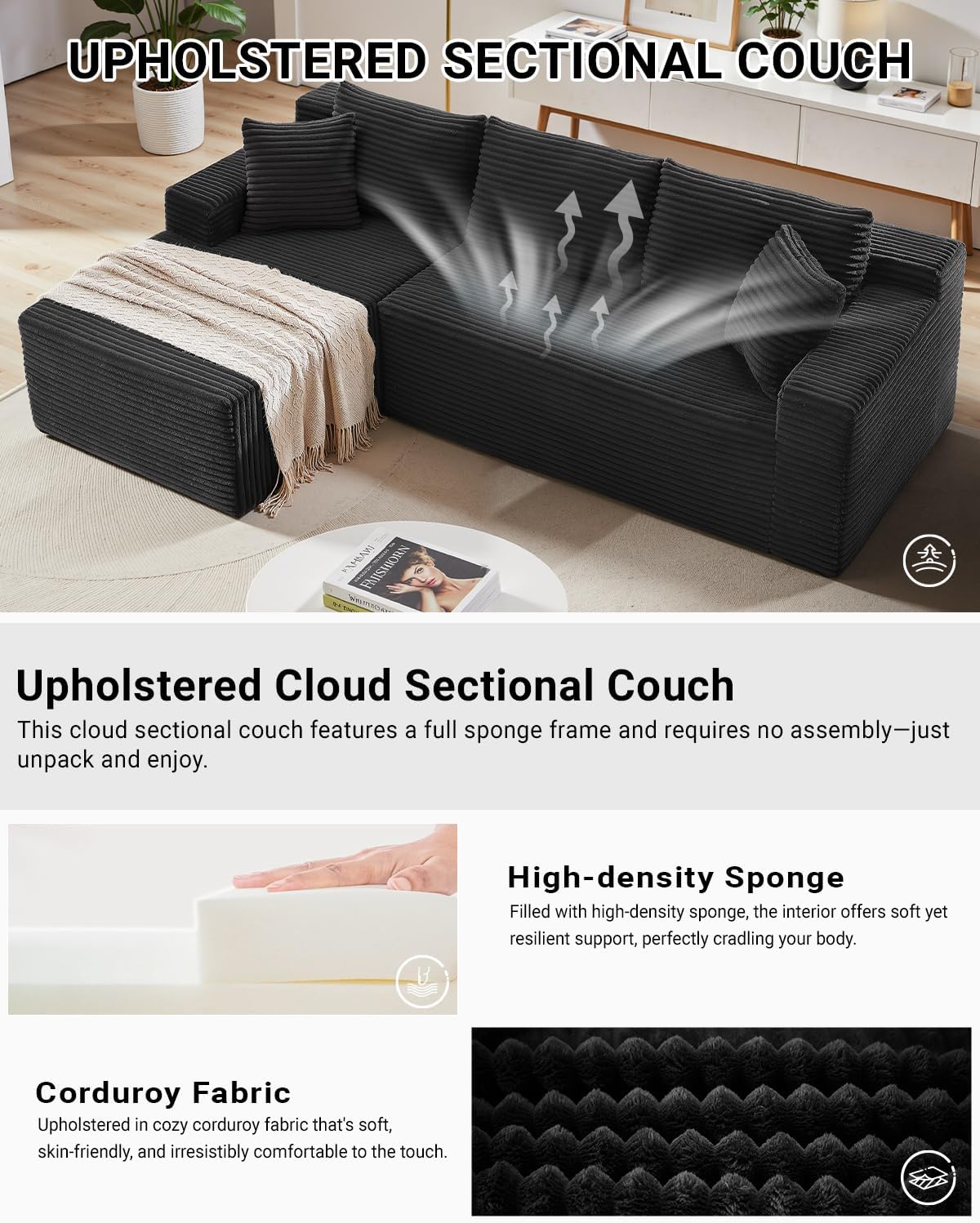 105 Inch Cloud Sectional Couch with Deep Seat