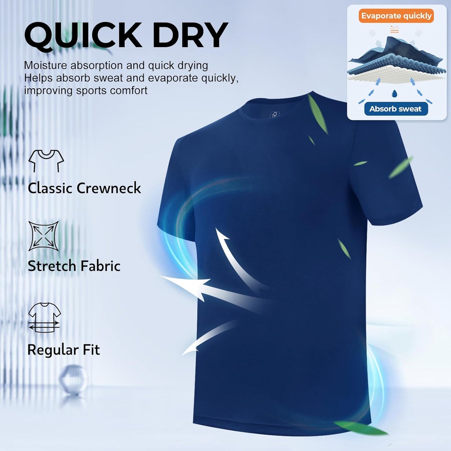 Men's Undershirt Moisture-Wicking T-Shirts Stretch Crewneck Soft Tees for Men,3 Pack