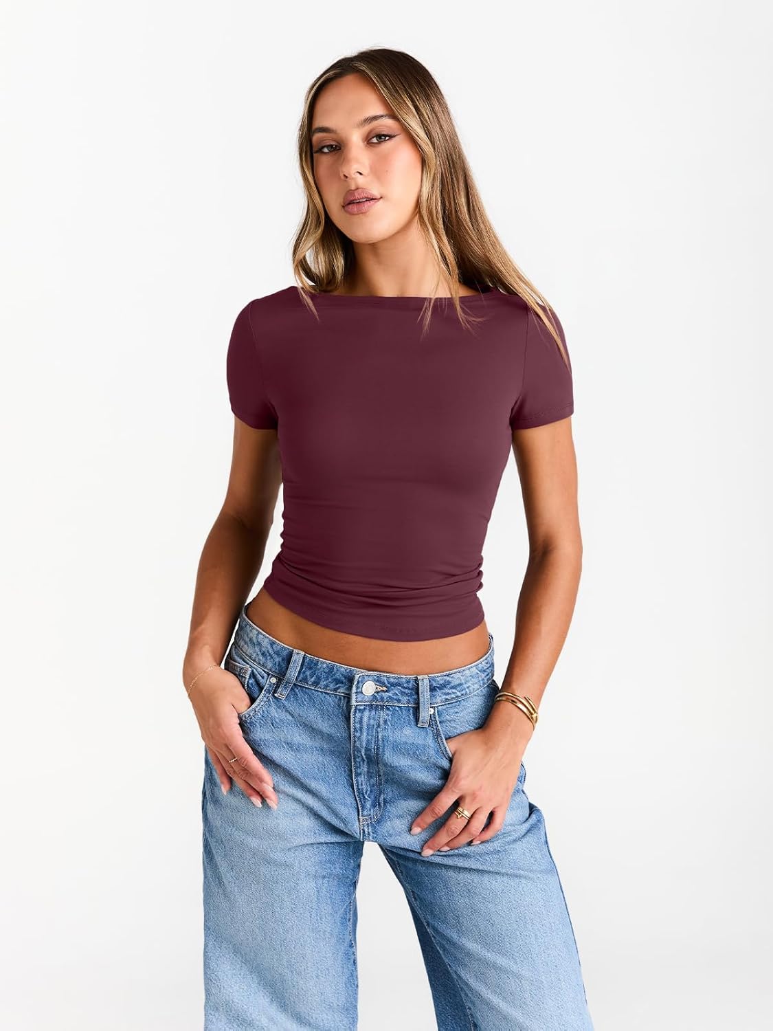 Womens Boat Neck Tops Short Sleeve T-Shirts Slim Fitted Compression