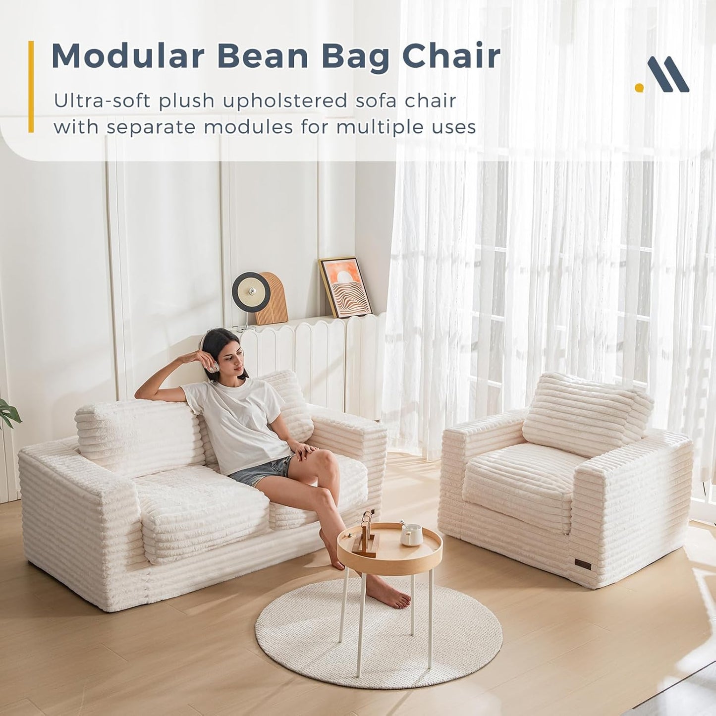 Plush Giant Bean Bag Sofa for Adults Floor Loveseat Chair with Armrests White