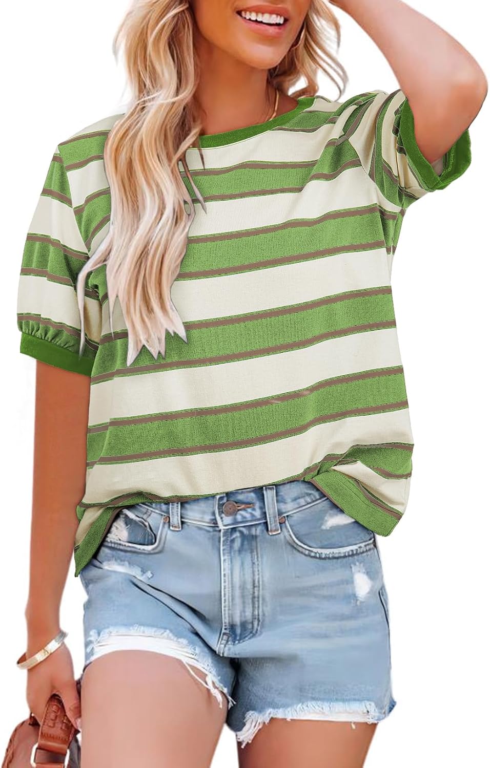 Striped Color Block Short Sleeve T-Shirts Crewneck Casual Loose Basic Tee Blouses