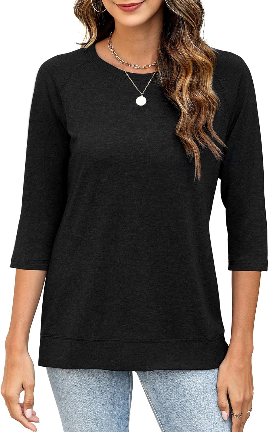 3/4 Sleeve Crew Neck Shirts Loose Fit Tunic Blouses Summer Tees