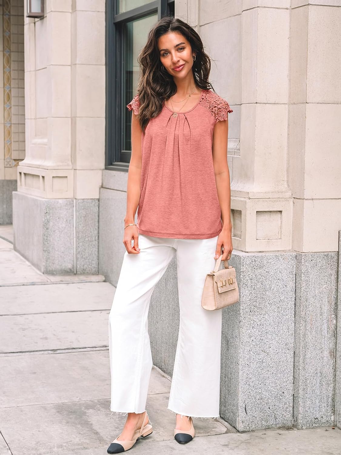 Womens Lace Tops Pleated Short Sleeve Shirts Summer