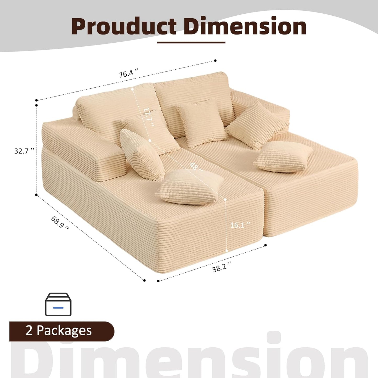 107" Boneless Couch with Deep Seat Cloud Sectional Couch for Living Room