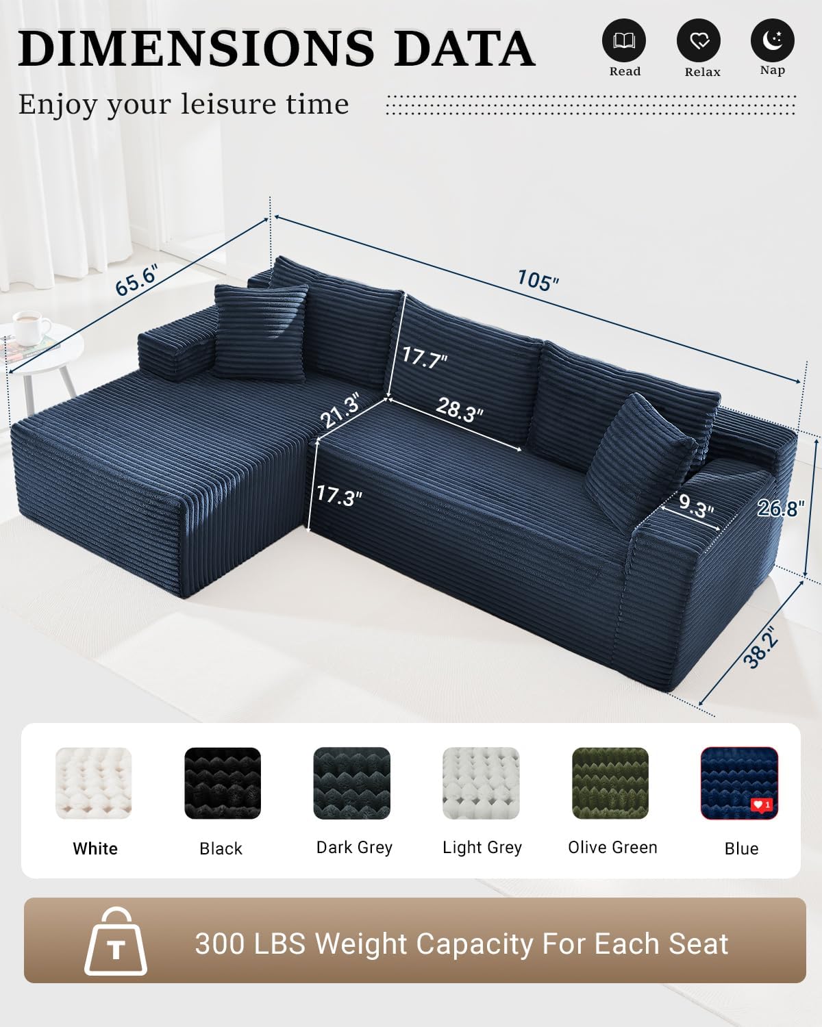 105 Inch Cloud Sectional Couch with Deep Seat