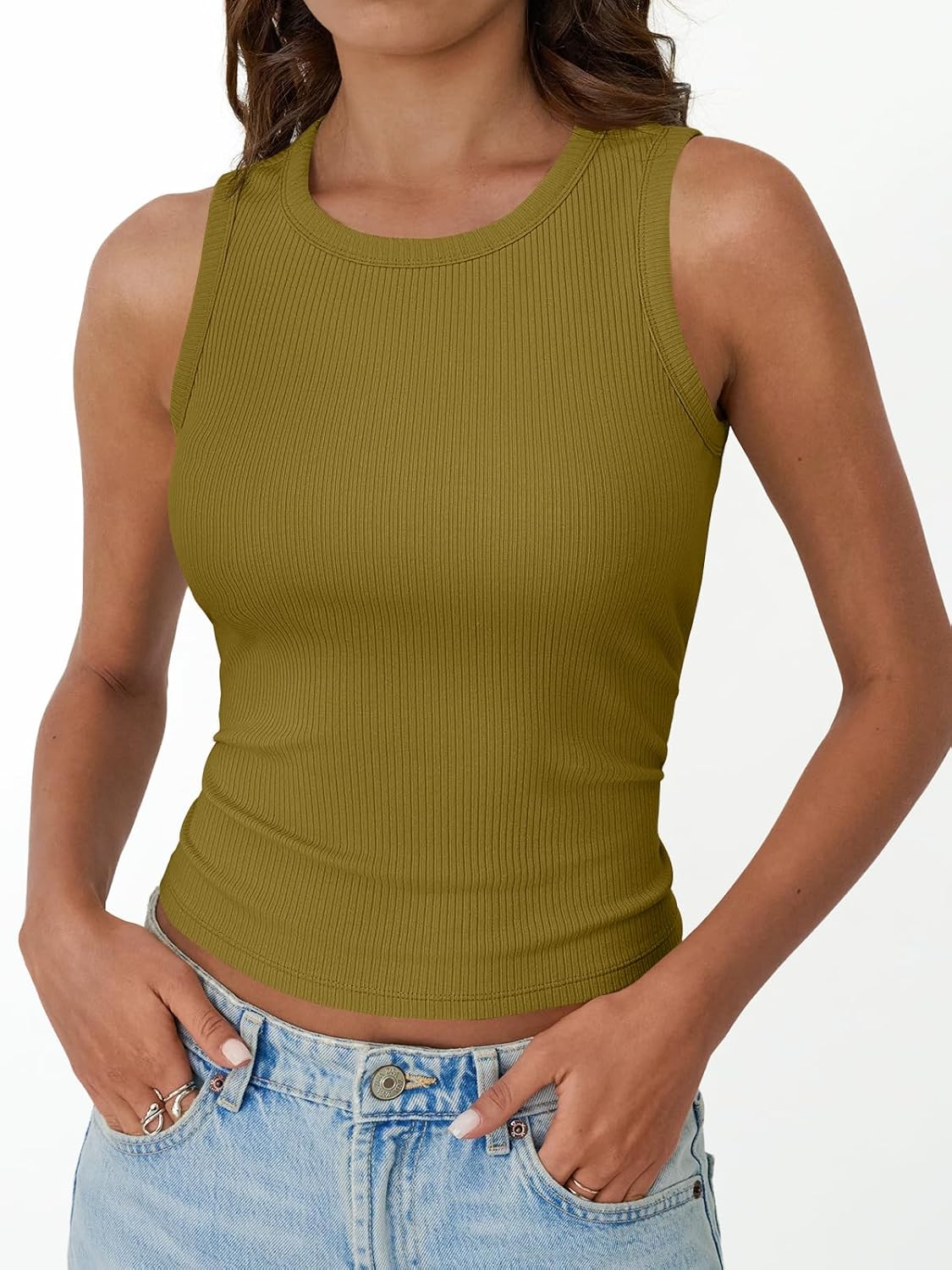 Womens Tank Tops Summer Workout Ribbed Sleeveless High Neck