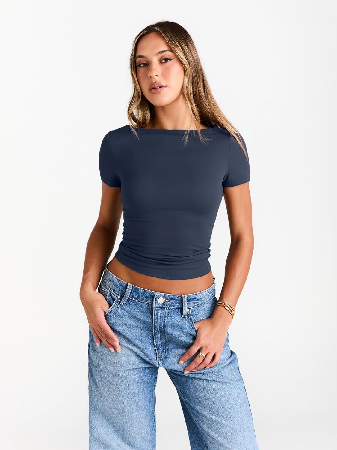 Womens Boat Neck Tops Short Sleeve T-Shirts Slim Fitted Compression