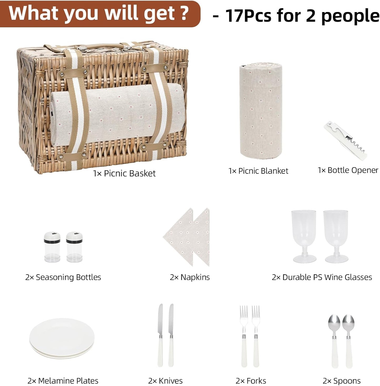 19Pcs Picnic Basket for 2 with Blanket