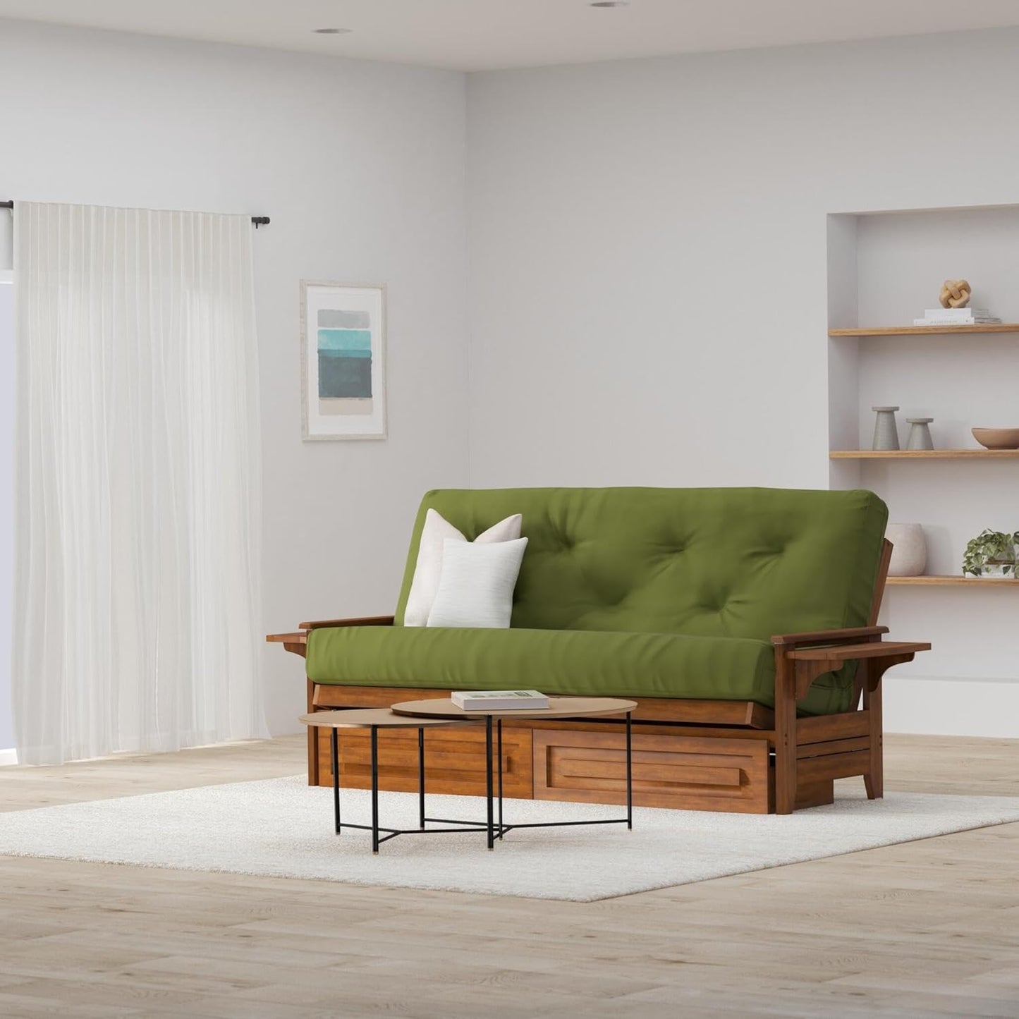 Full Size Wood Futon Frame with Tray Arms and Drawers