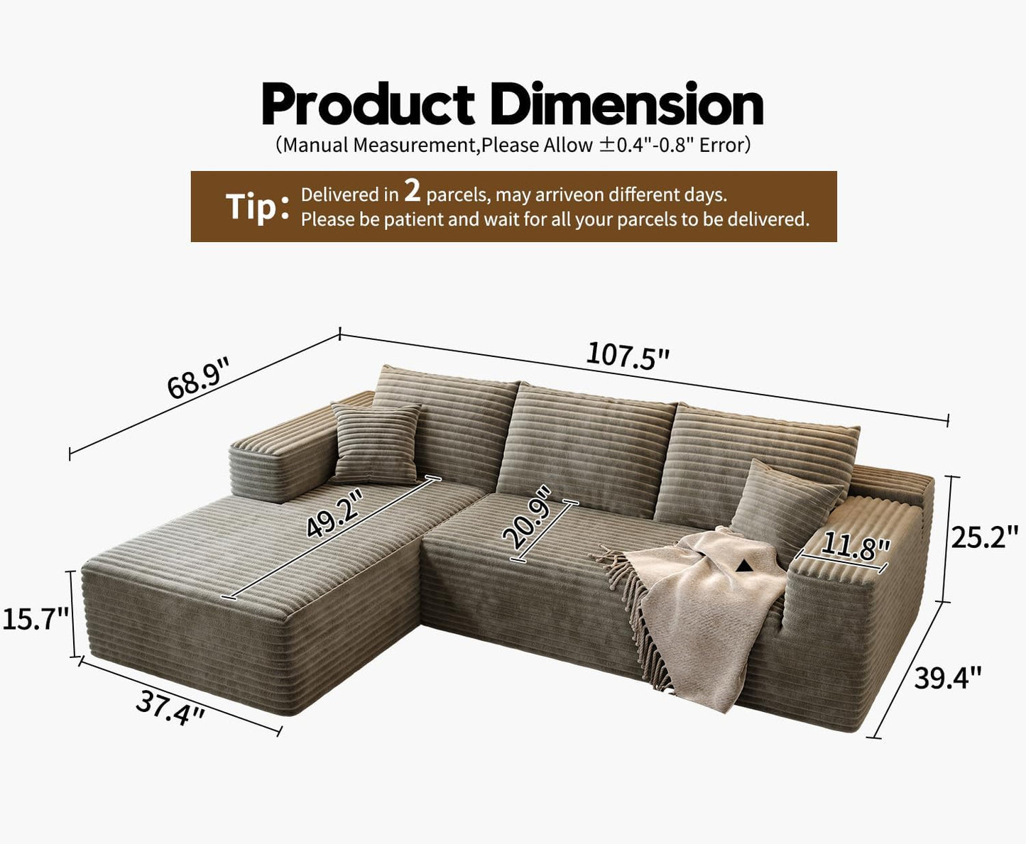 107.5" Cloud Modular Sectional Sofa with 1 Ottoman