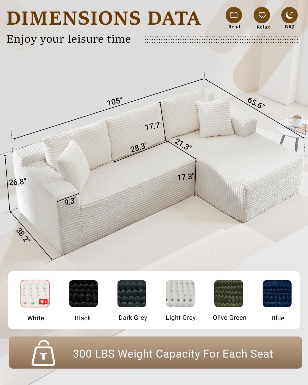 105 Inch Cloud Sectional Couch with Deep Seat