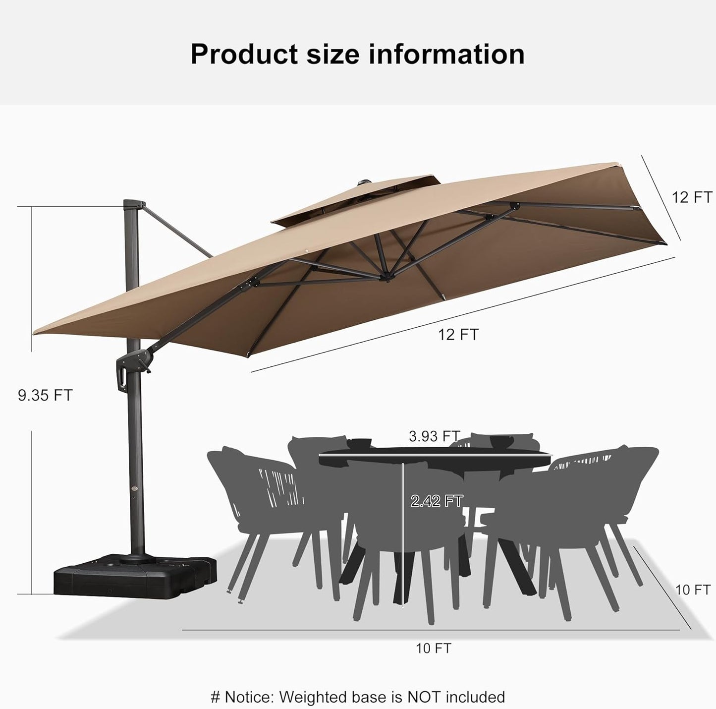 12ft Patio Umbrella with Base Large Outdoor Square Umbrella