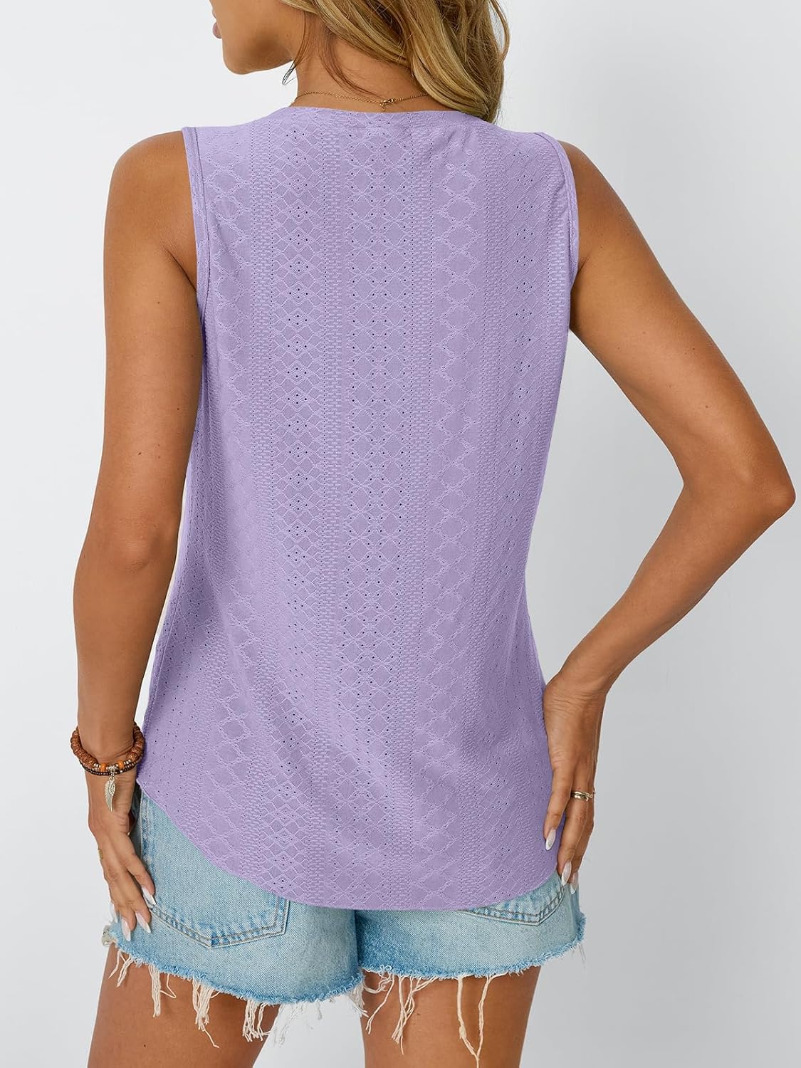 Womens Summer Tank Top Eyelet Embroidery V Neck Sleeveless Loose Fit Casual Shirt
