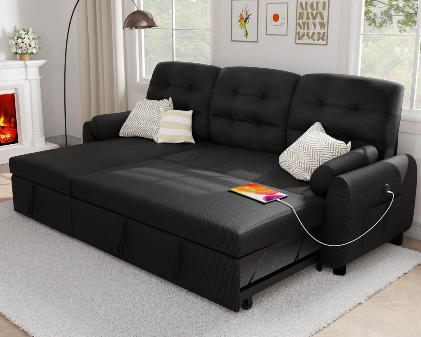 Sectional Sleeper Sofa with Storage Chaise USB Port, Side Pocket Removable Back 87" Couch in Black Linen