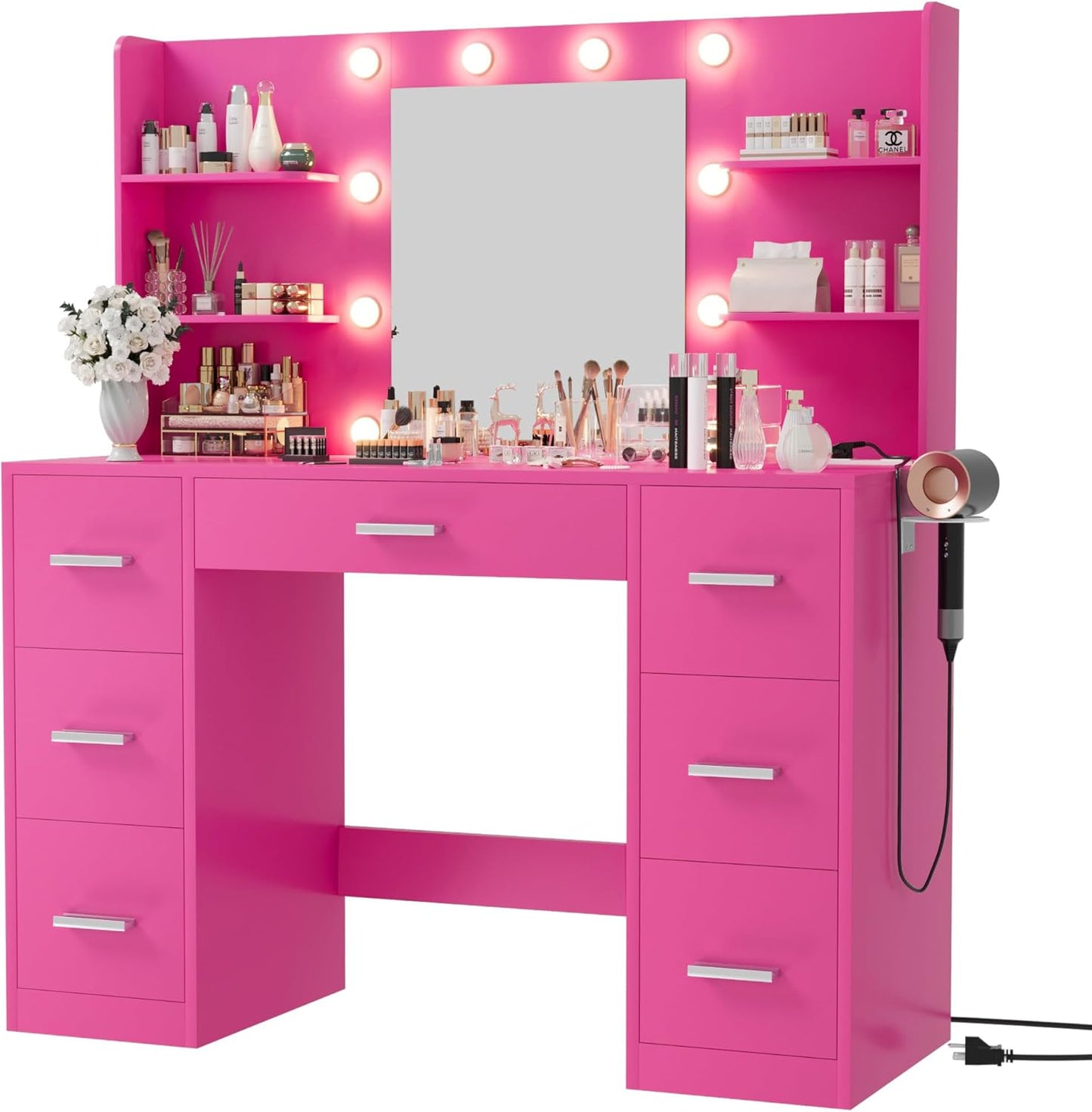 Furmax Vanity Desk with Mirror LED Lights and Power Outlet Makeup Vanity Table
