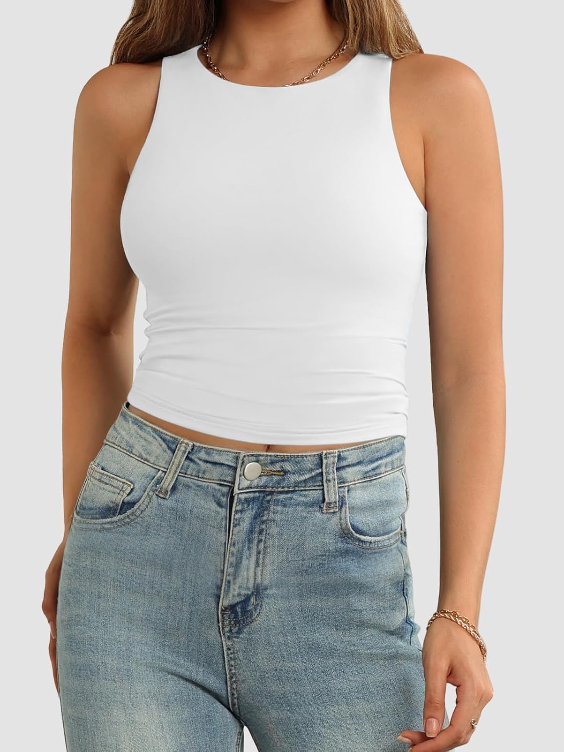 Womens Double Lined Crop Tank Tops Casual Basic Shirts Sleeveless Tops