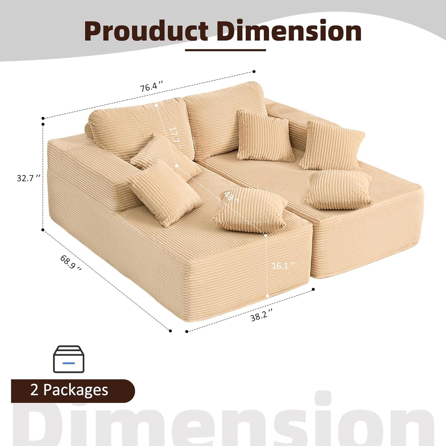 107" Boneless Couch with Deep Seat Cloud Sectional Couch for Living Room