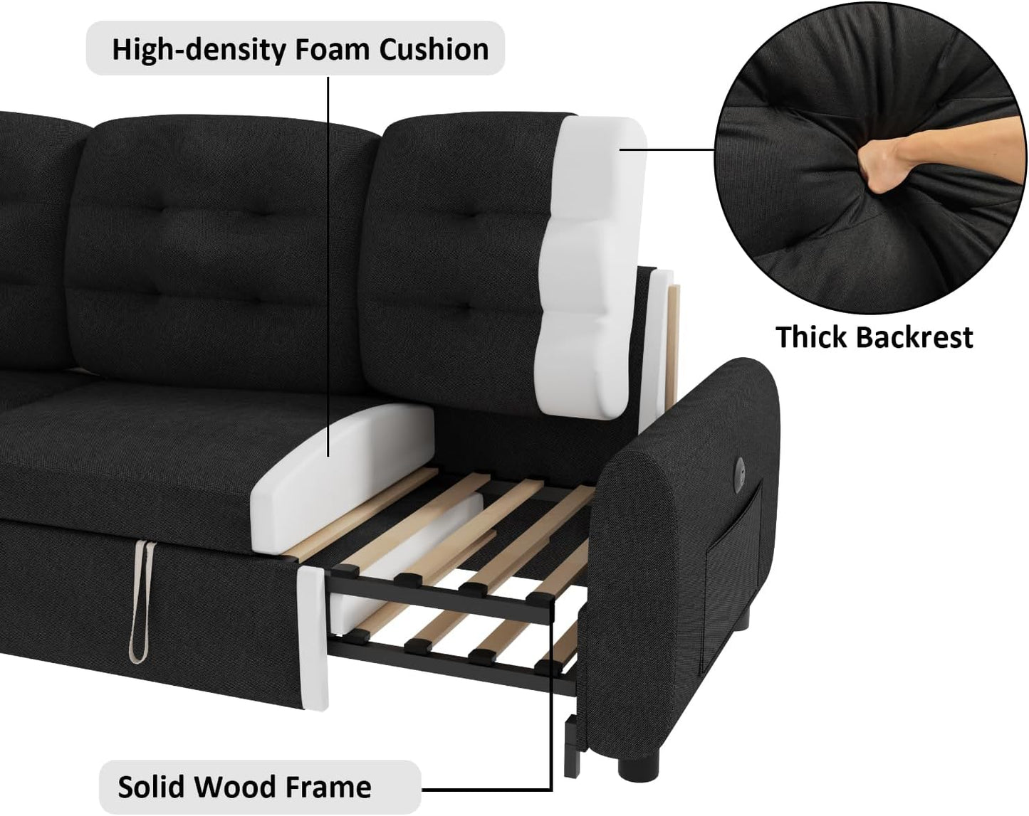 Sectional Sleeper Sofa with Storage Chaise USB Port, Side Pocket Removable Back 87" Couch in Black Linen