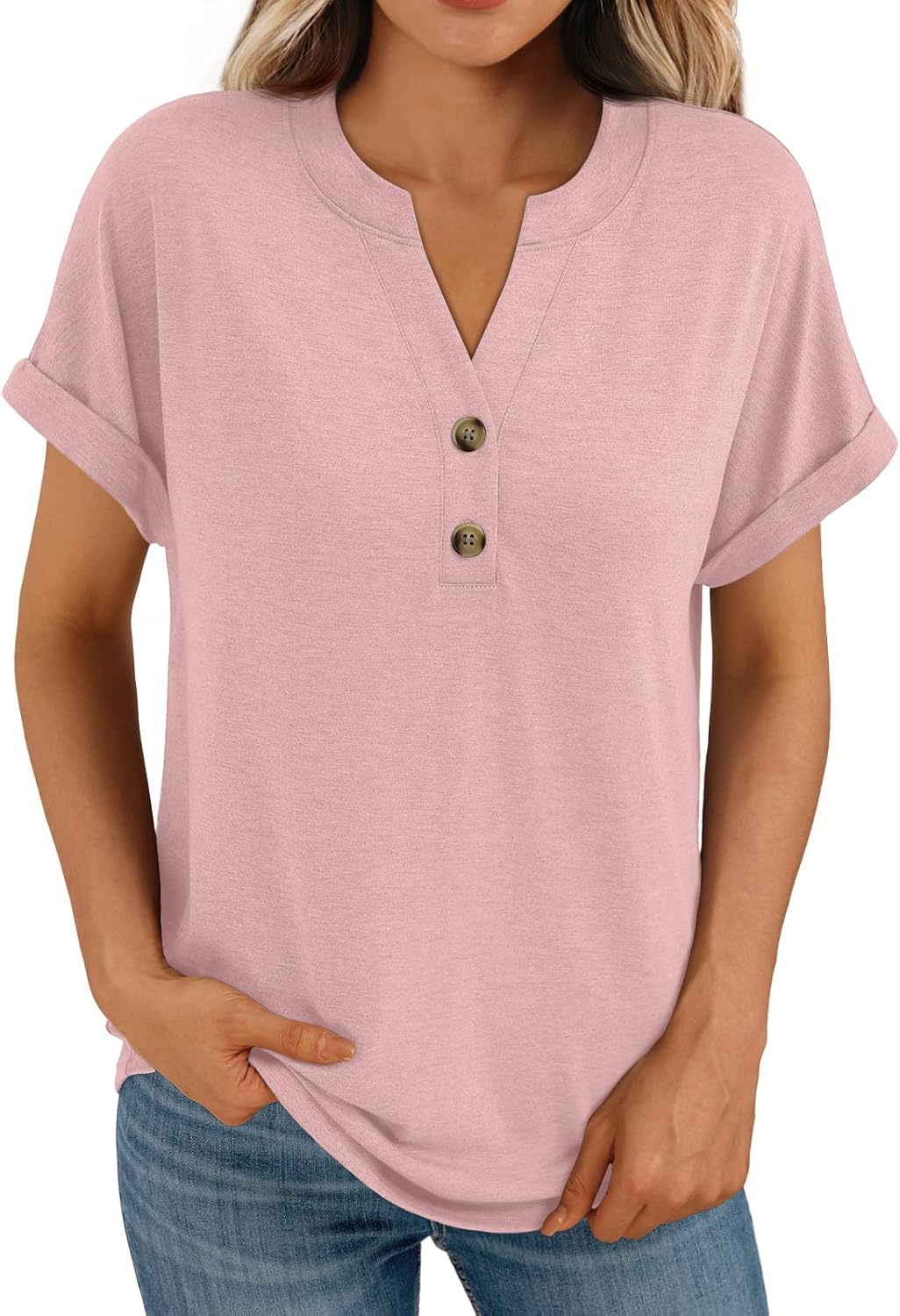 Women's Short Sleeve Shirts Henley Dressy Casual Summer Tops
