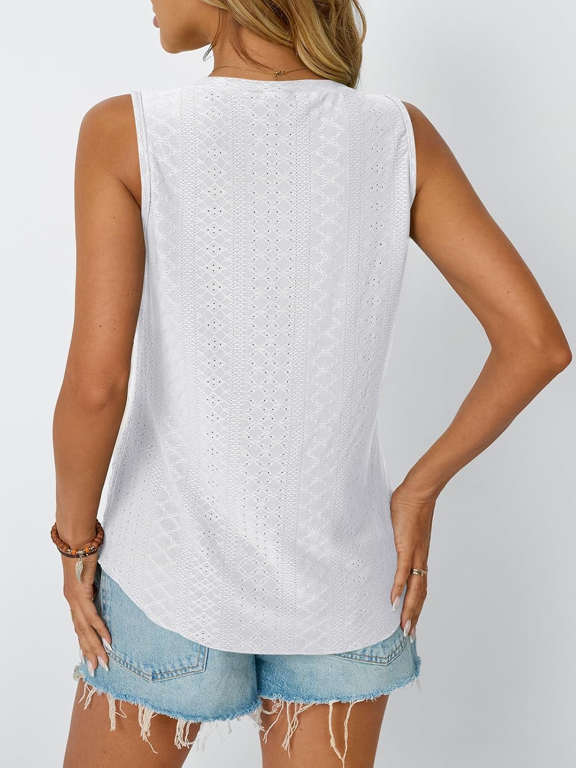 Womens Summer Tank Top Eyelet Embroidery V Neck Sleeveless Loose Fit Casual Shirt