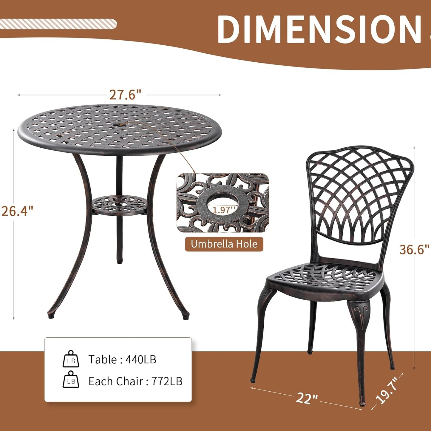 Patio Bistro Set 3 Piece Outdoor Cast Aluminum Outdoor Bistro Table
