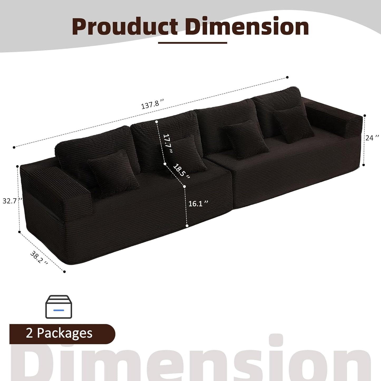 107" Boneless Couch with Deep Seat Cloud Sectional Couch for Living Room