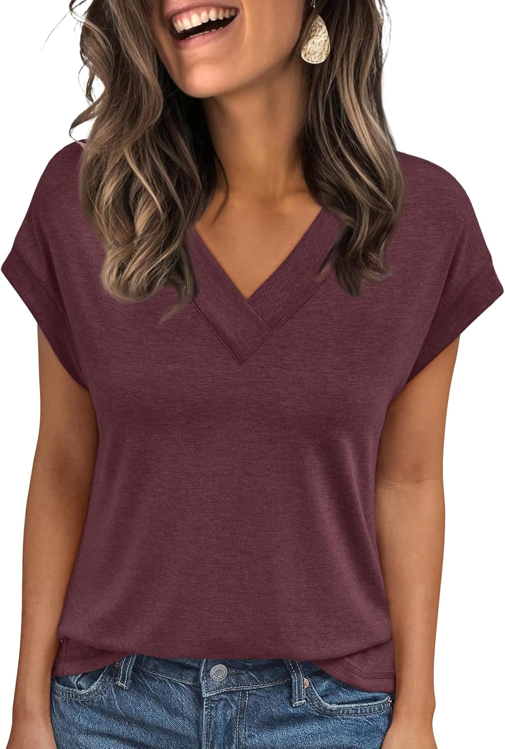 Womens Cap Short Sleeve T Shirts Summer Tops V Neck