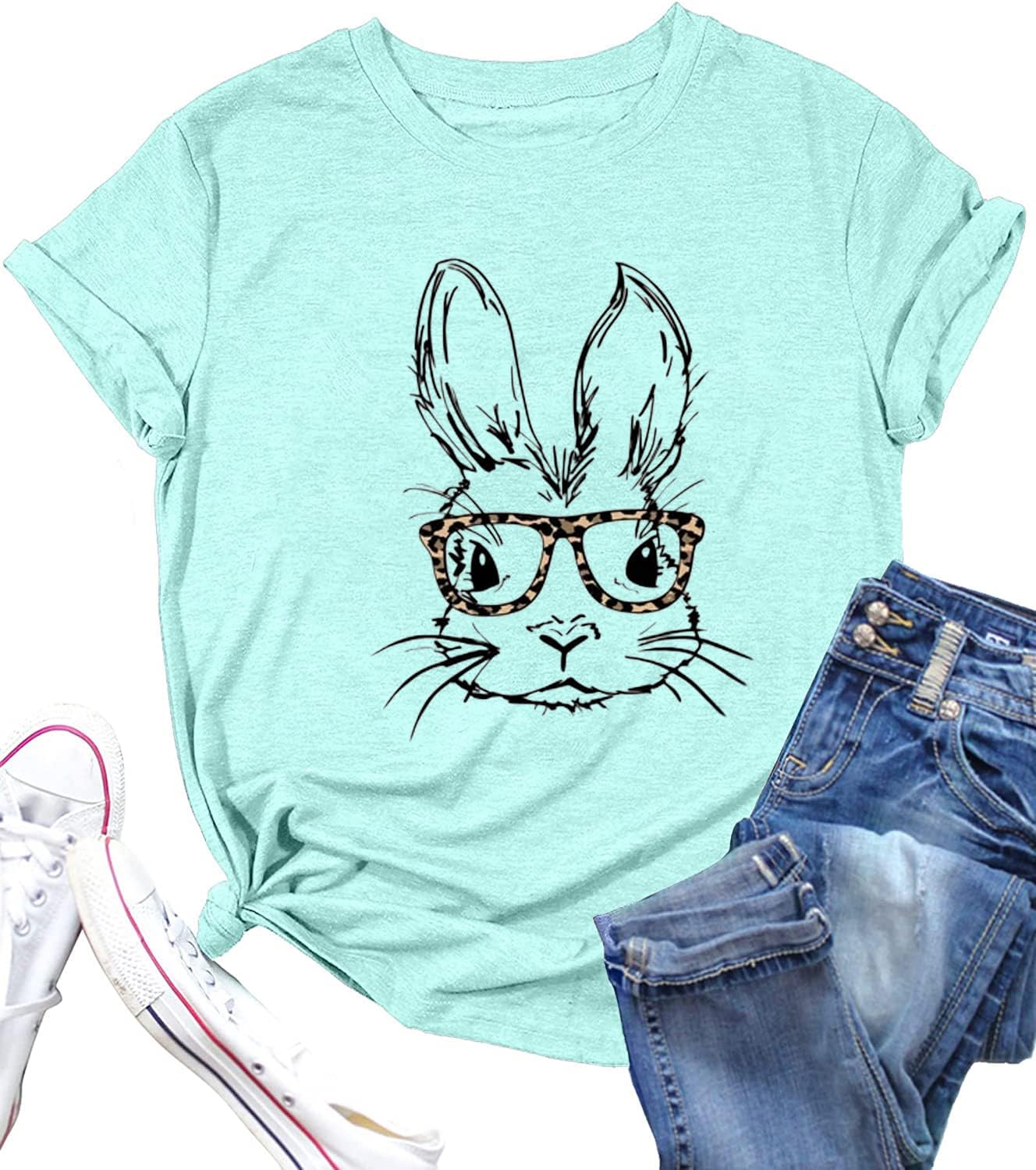 Funny Bunny Print T Shirt for Women Cute Grapic Leopard Shirts Family Blouse Gifts Easter Tops Tee