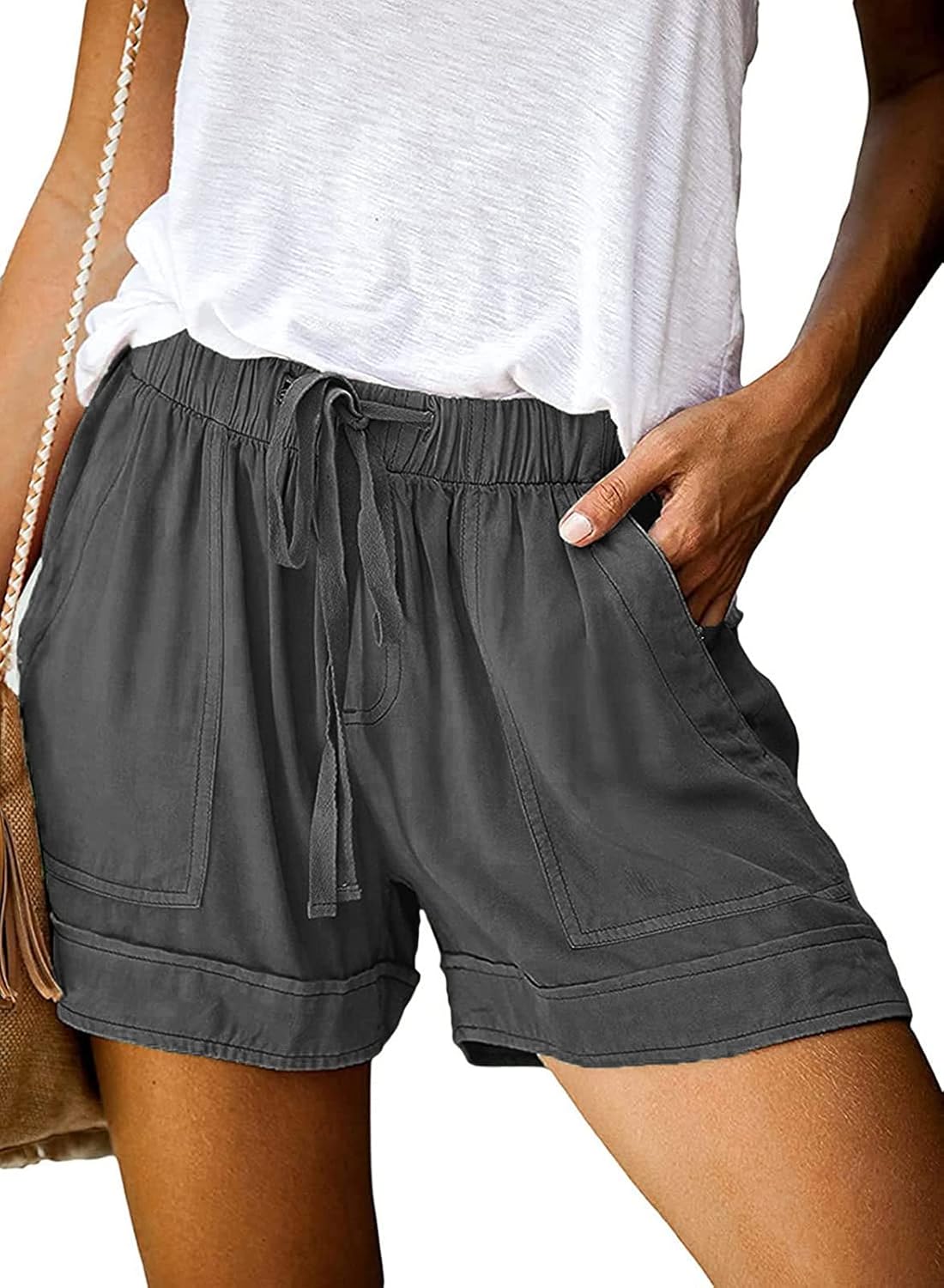 Womens Shorts Cotton Elastic Waist Drawstring Casual Shorts with Pockets