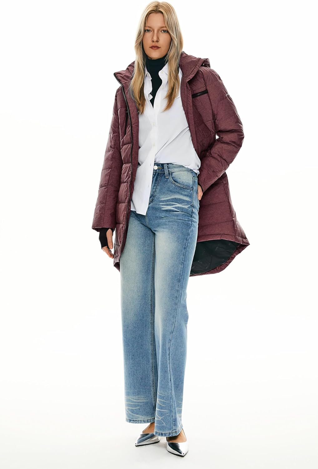 Womens Long Winter Down Jacket Hooded Quilted Puffer Coat Slim Fit Warm Outerwear