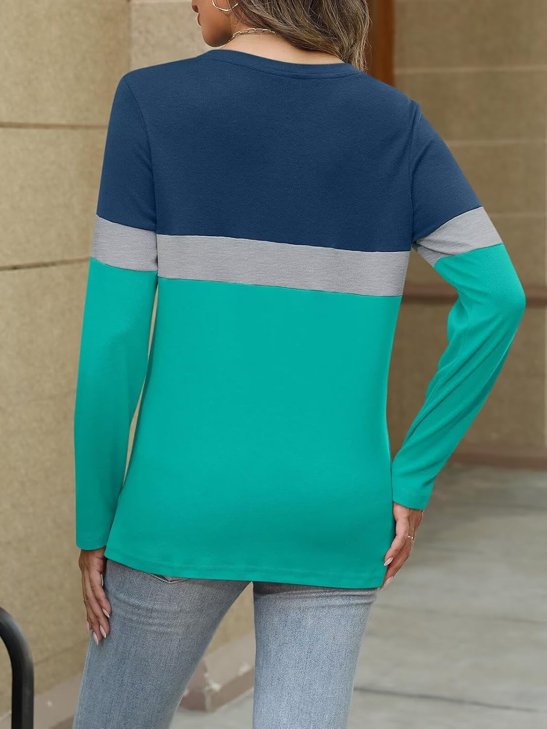 Women Long Sleeve Color Block Tunics Tops Round Neck Shirts Casual Blouses