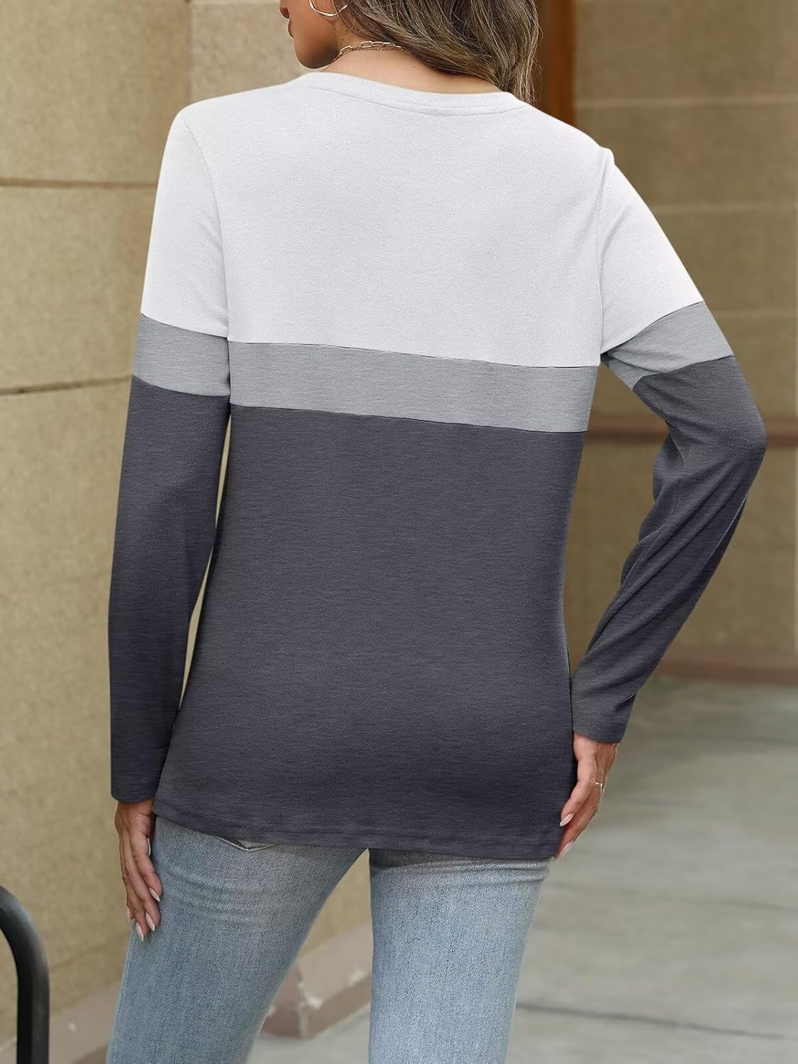 Women Long Sleeve Color Block Tunics Tops Round Neck Shirts Casual Blouses