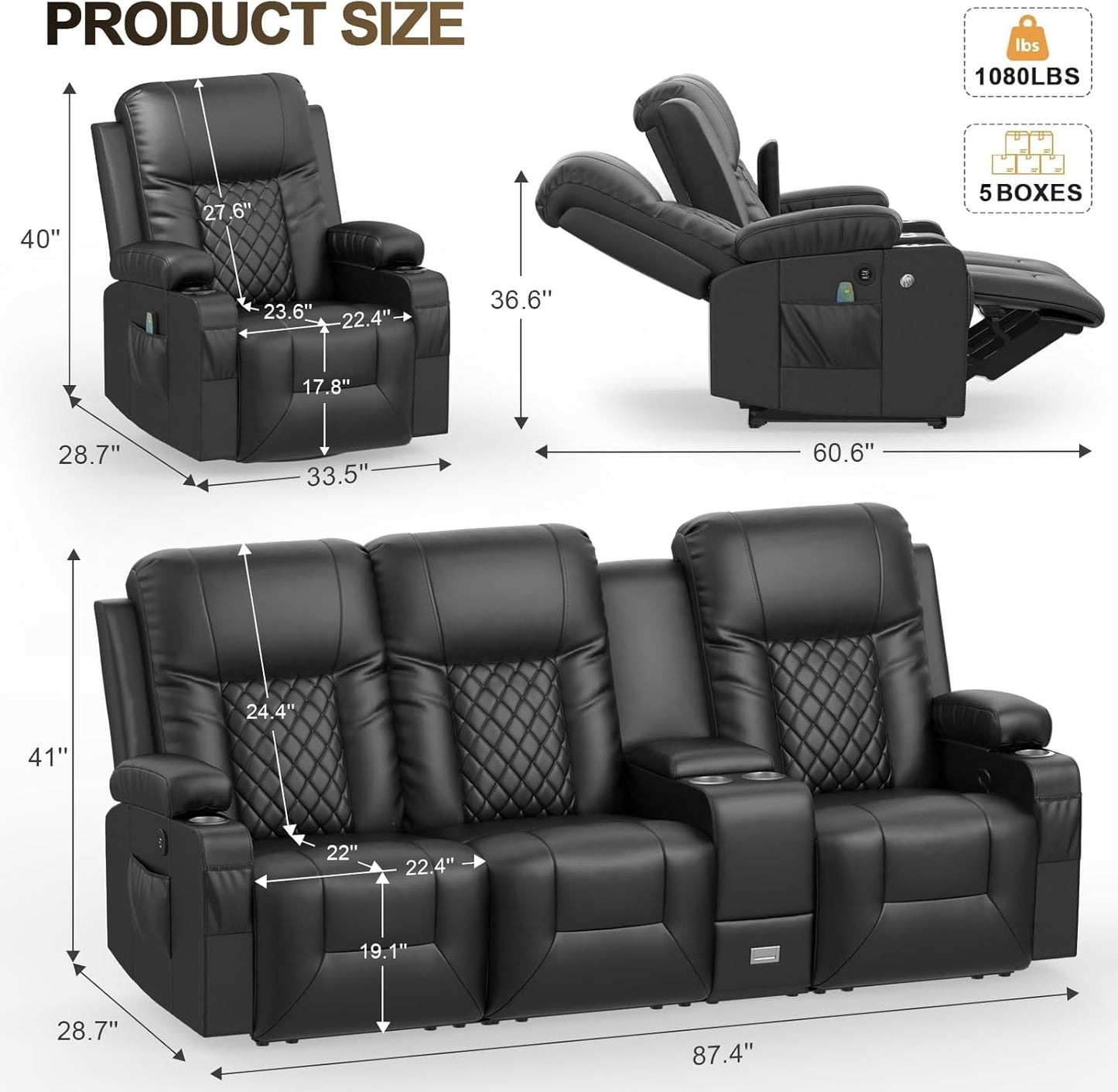 YONISEE 3 Seat Recliner Sofa, Large Reclining Sofa with Storage Console, Manual Reclining Chair with USB Ports, 2 Cell Phone Holder, 3 Seater Loveseat Recliner Couch for Living Room