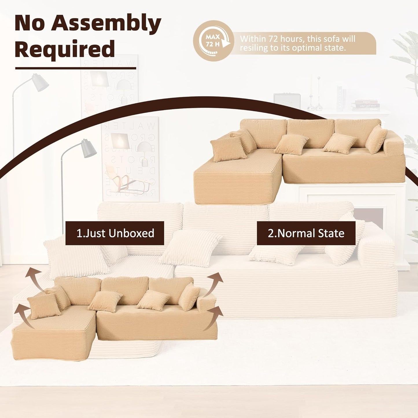 107" Boneless Couch with Deep Seat Cloud Sectional Couch for Living Room