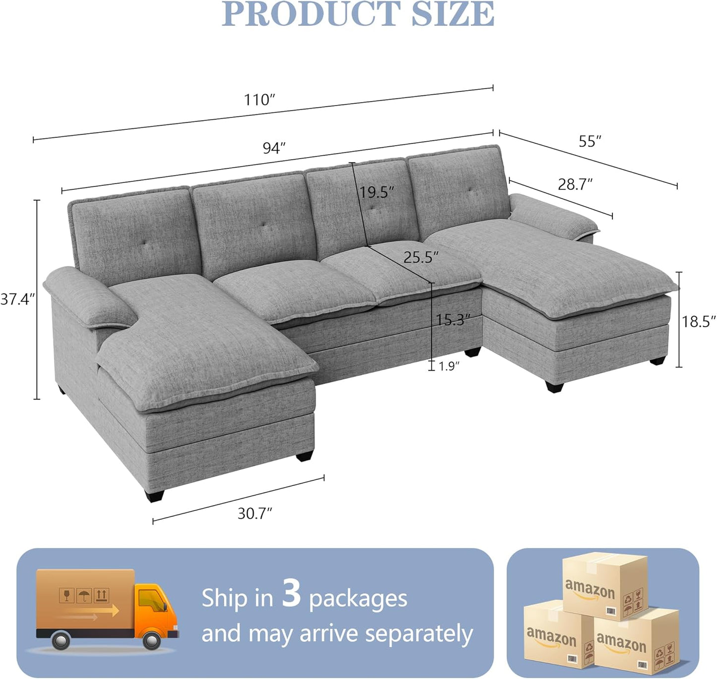 110 Inch U Shaped Sectional Sofa with Double Chaise Black