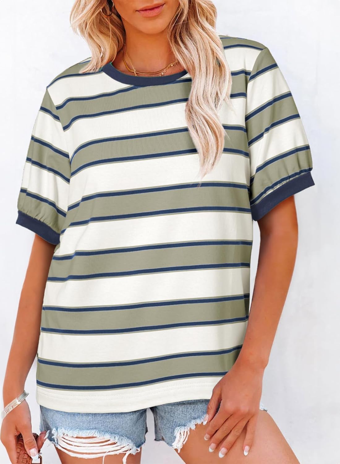 Striped Color Block Short Sleeve T-Shirts Crewneck Casual Loose Basic Tee Blouses