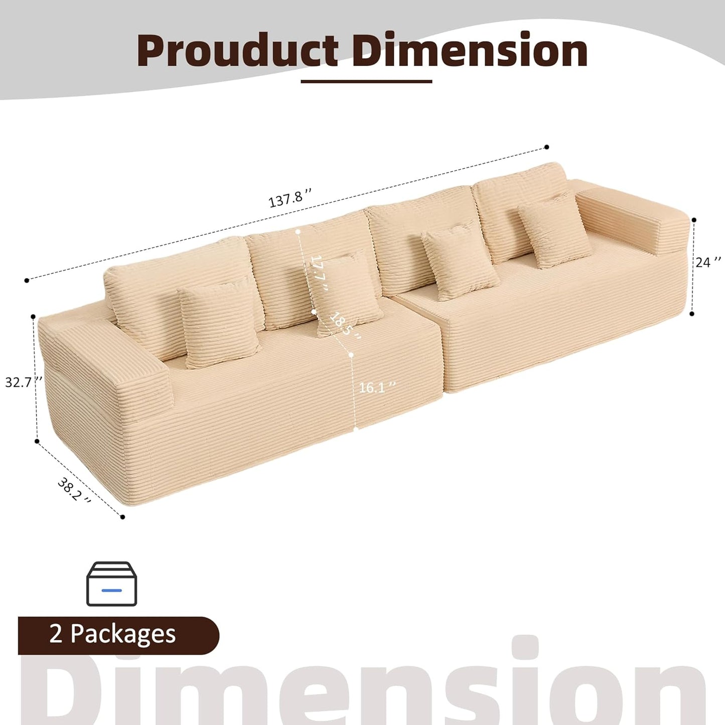 107" Boneless Couch with Deep Seat Cloud Sectional Couch for Living Room