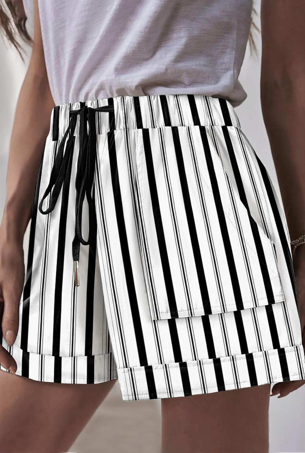 Womens Shorts Summer Comfy Cotton Elastic Waist Drawstring Casual Shorts with Pockets