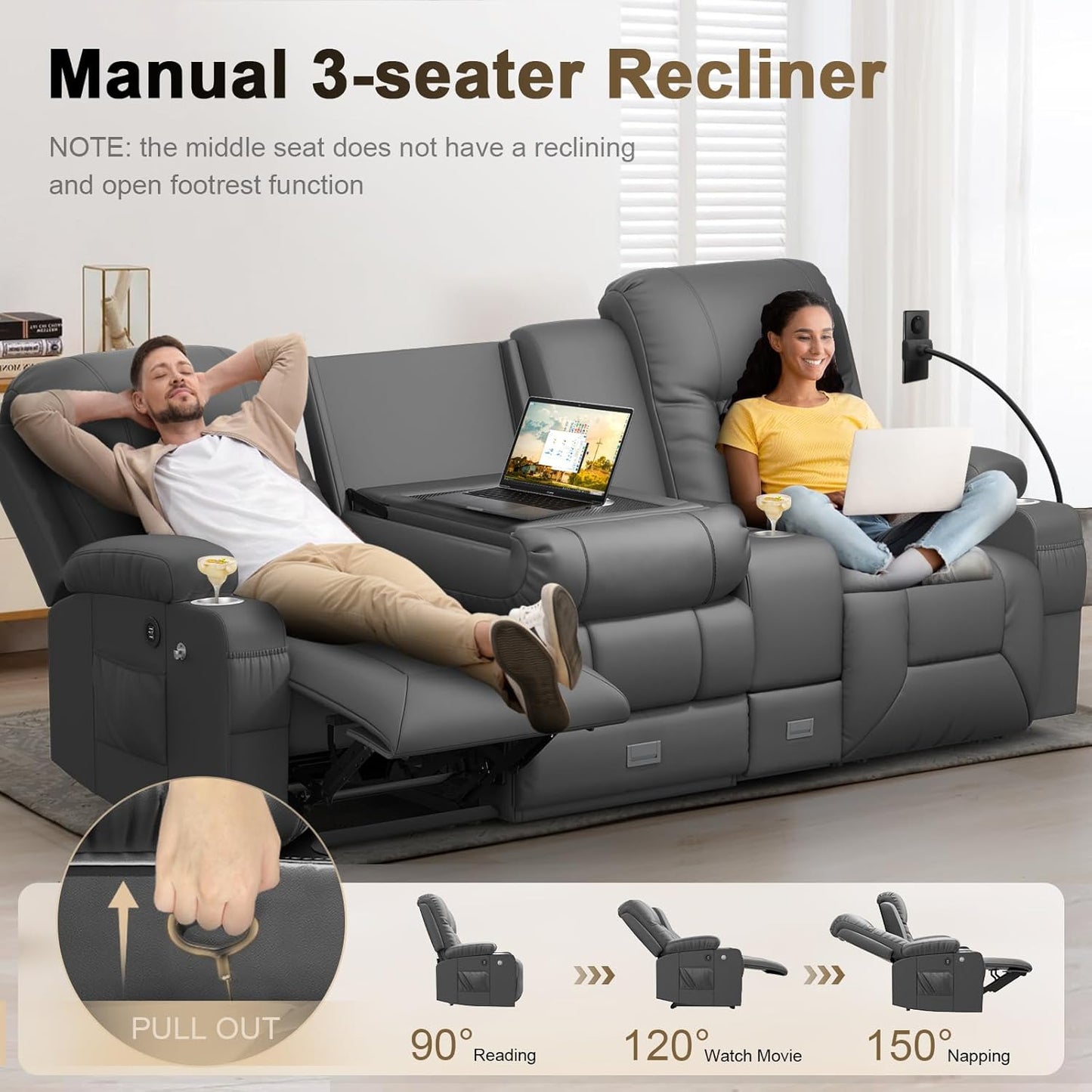 YONISEE 3 Seat Recliner Sofa, Large Reclining Sofa with Storage Console, Manual Reclining Chair with USB Ports, 2 Cell Phone Holder, 3 Seater Loveseat Recliner Couch for Living Room