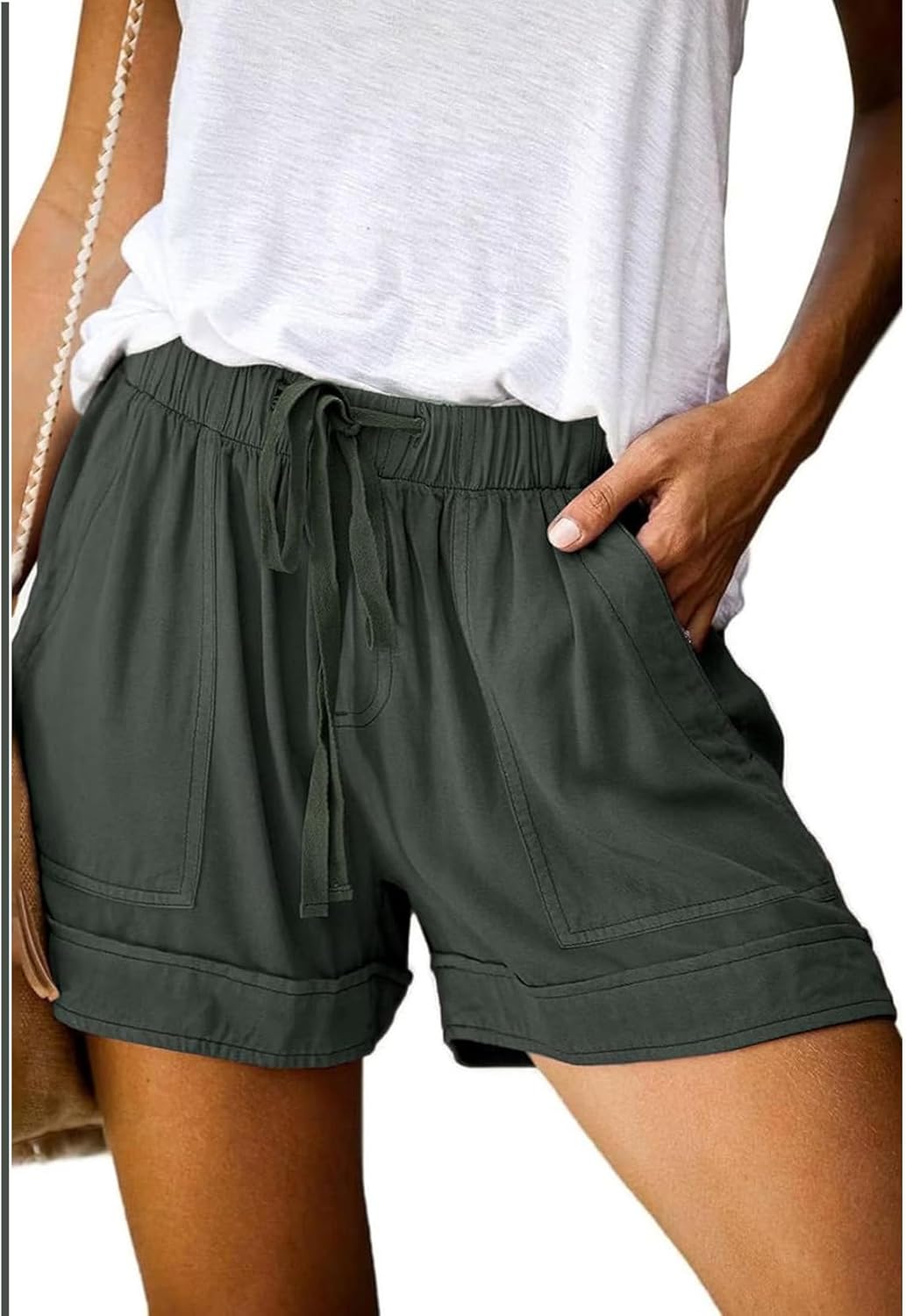 Womens Shorts Cotton Elastic Waist Drawstring Casual Shorts with Pockets