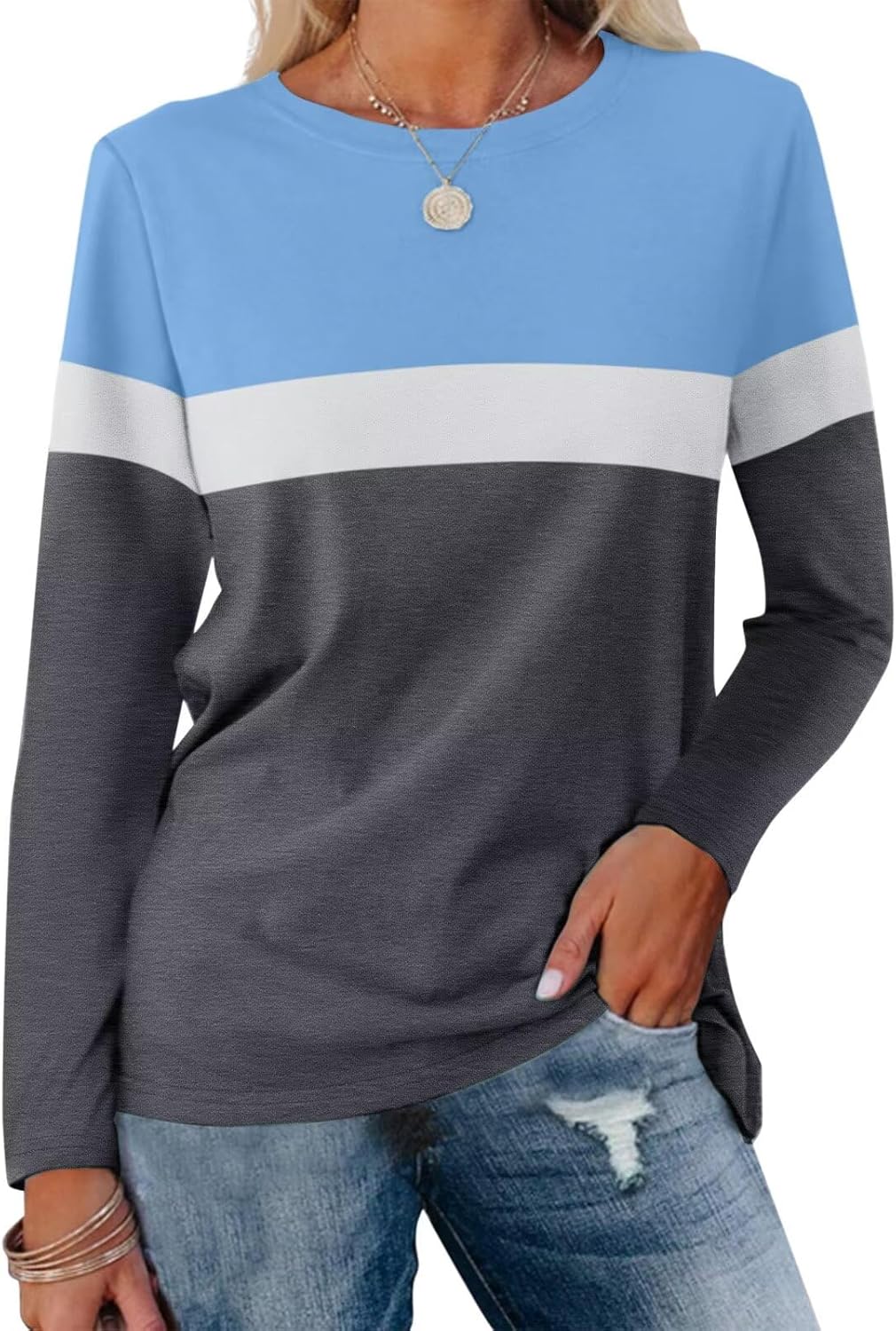 Women Long Sleeve Color Block Tunics Tops Round Neck Shirts Casual Blouses