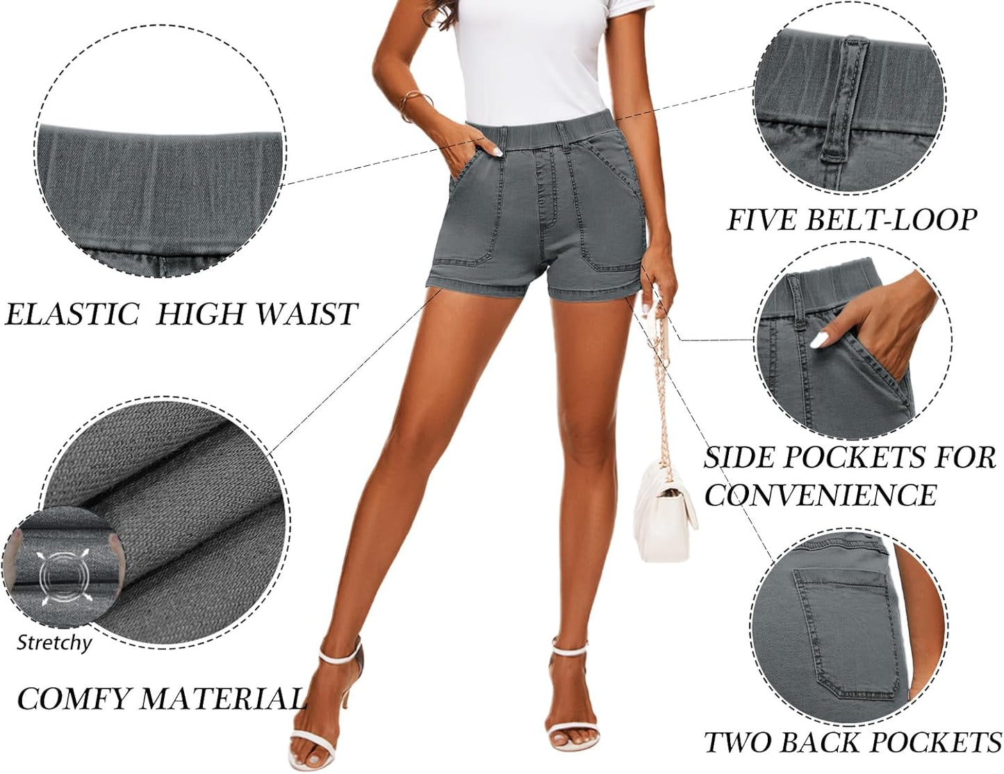 Womens Jean Shorts High Waisted Summer Cotton Elastic Waist Denim Shorts with Pockets