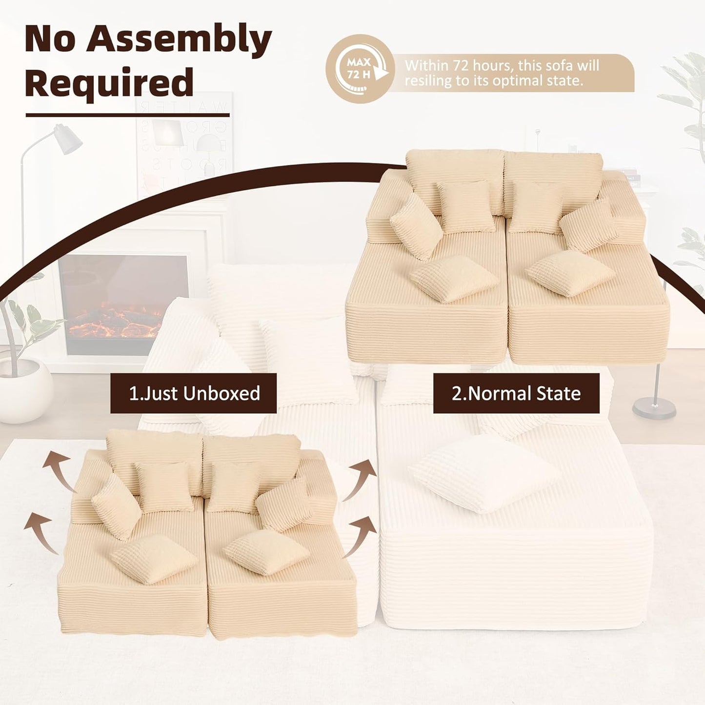 107" Boneless Couch with Deep Seat Cloud Sectional Couch for Living Room