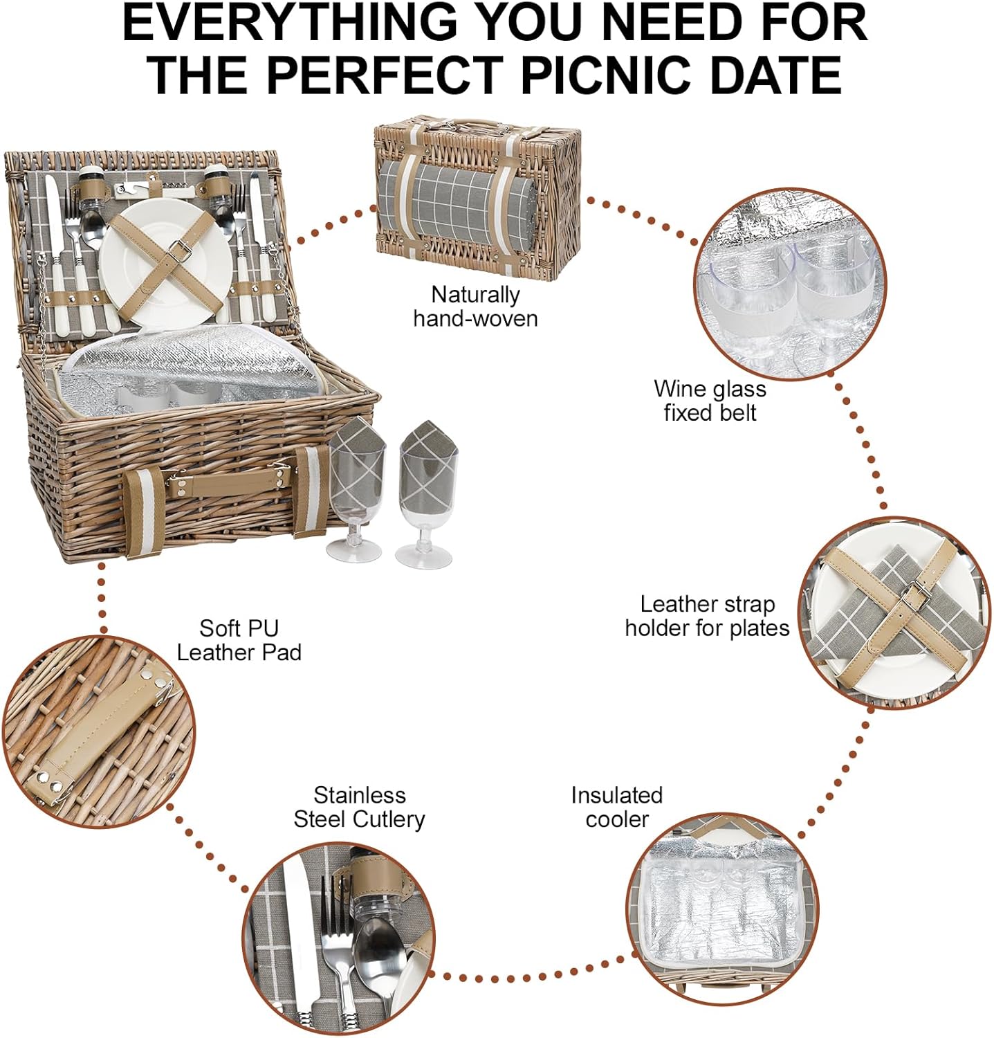 19Pcs Picnic Basket for 2 with Blanket