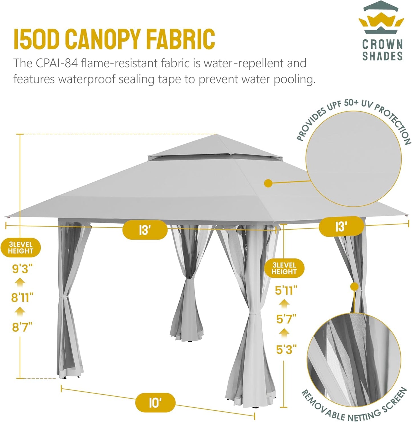13x13 Pop Up Gazebo Canopy Tent with Wheeled Storage Bag Grey