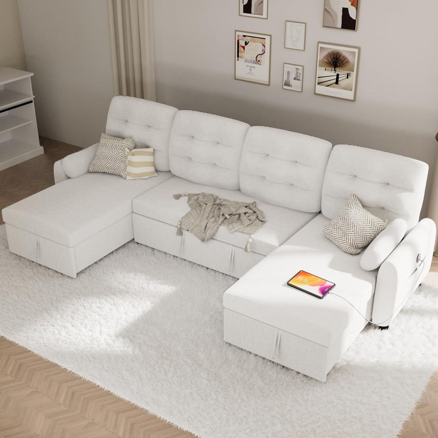 Sectional Sleeper Sofa with Storage Chaise USB Port, Side Pocket Removable Back 87" Couch in Black Linen