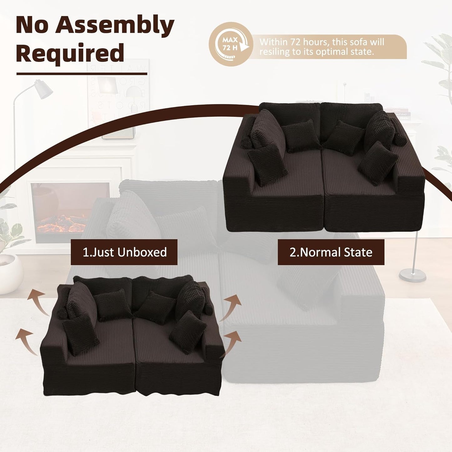 107" Boneless Couch with Deep Seat Cloud Sectional Couch for Living Room