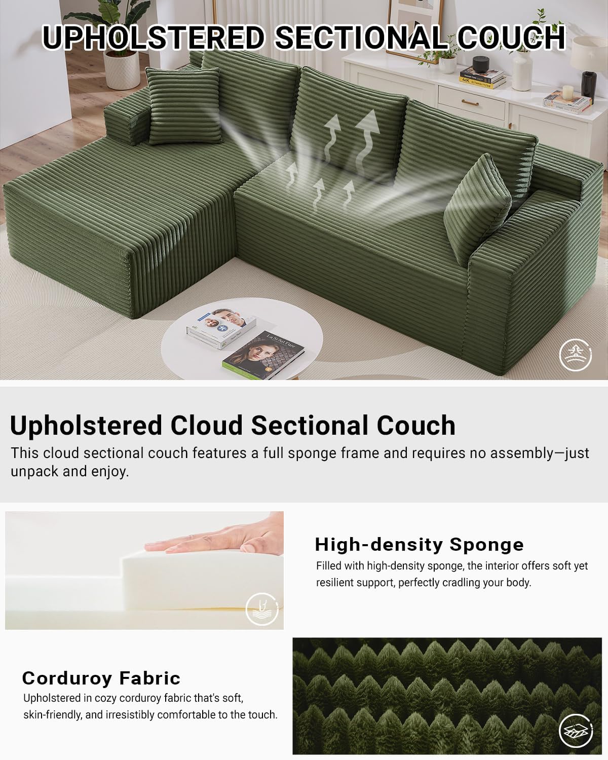 105 Inch Cloud Sectional Couch with Deep Seat