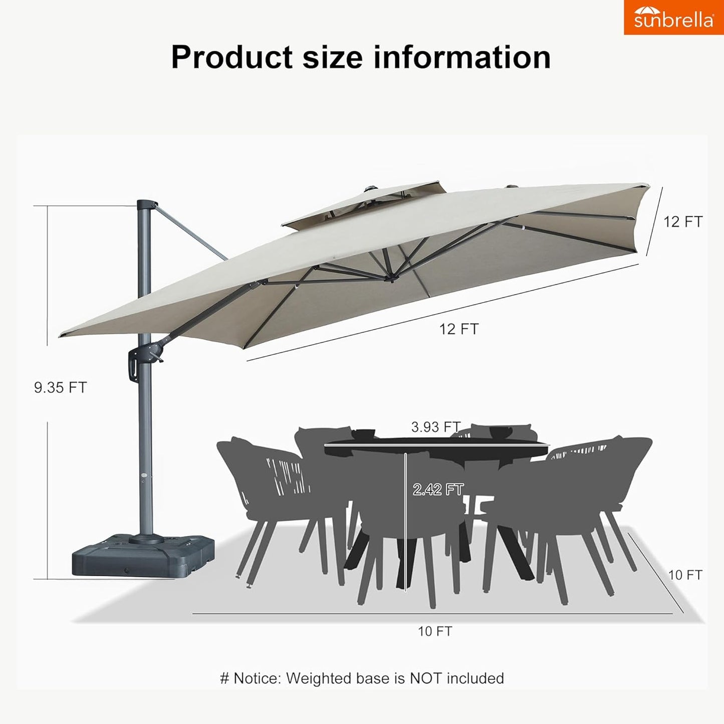 12ft Patio Umbrella with Base Large Outdoor Square Umbrella