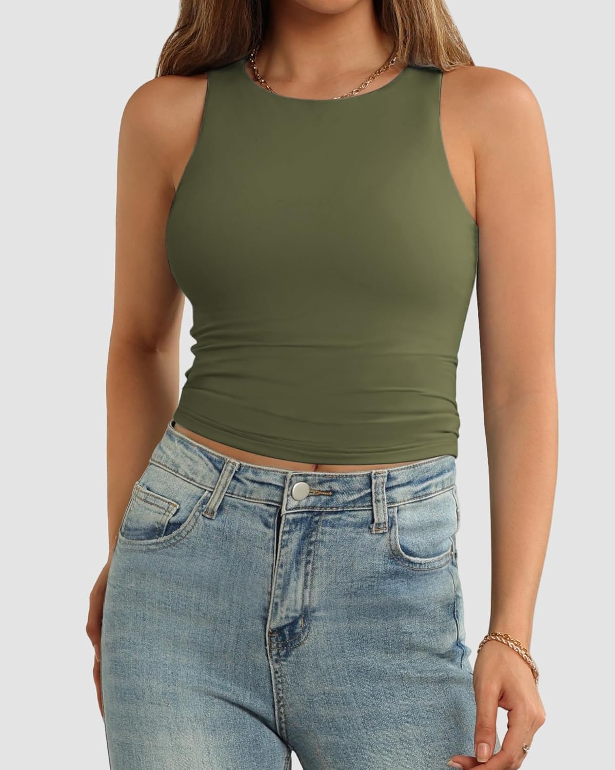 Womens Double Lined Crop Tank Tops Casual Basic Shirts Sleeveless Tops